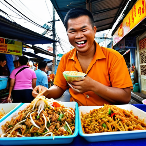 ** A chaotic Thai street food market scene, with Udom Taephanich as a bewildered tourist, struggling to order Pad Thai from a vendor with a mischievous grin, surrounded by vibrant colors and humorous signage.

**