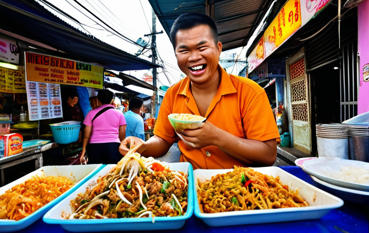 ** A chaotic Thai street food market scene, with Udom Taephanich as a bewildered tourist, struggling to order Pad Thai from a vendor with a mischievous grin, surrounded by vibrant colors and humorous signage.
**